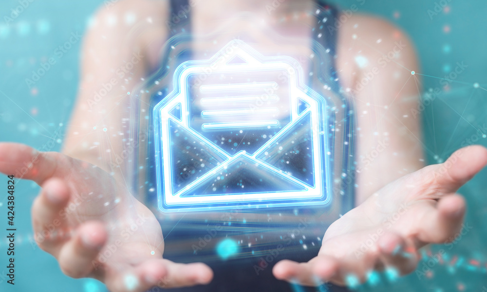 Aufkleber woman using digital email blue holographic interface 3d rendering