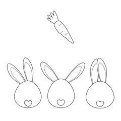 Very cute rabbit and carrot on a white background for coloring. Easter icon. Printing on decorative pillows, notebooks, interior design, kitchen textiles. Vector graphics.