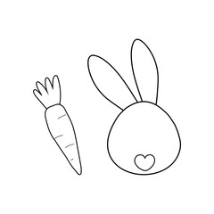 Fototapeta na wymiar Very cute rabbit and carrot on a white background for coloring. Easter icon. Printing on decorative pillows, notebooks, interior design, kitchen textiles. 