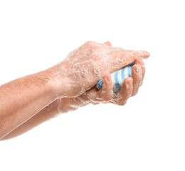 Man washing hands on white background