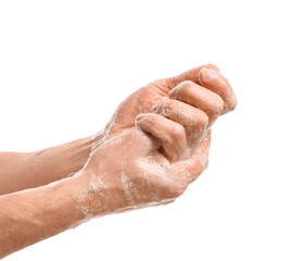 Man washing hands on white background