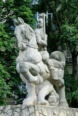 Fototapeta na wymiar Monument to Prince Svyatoslav on a horse carved out of stone Kyiv, Ukraine