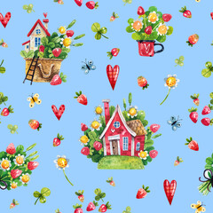 Seamless background with rural houses, bouquets of flowers and berries, strawberries and butterflies. Texture with hand-drawn watercolor illustrations.