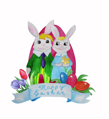 Easter bunnies, egg, ribbon and bright flowers. Watercolor illustration on white background.
