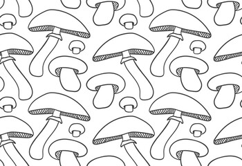 Seamless pattern with hand drawn mushrooms. Vector illustration. Botanical pattern for textiles and wallpapers, menu.