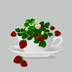Tea cup with strawberry isolated on a gray background. Vector illustration.