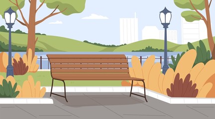 Landscape of empty urban public park with wooden bench, lantern, trees, bushes and water on background of city buildings. Colored flat vector illustration of scenery autumn parkland