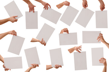 Set of hands holding a white sheet a4 size