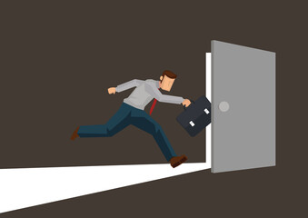 Businessman running towards a open light door.