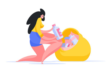 Woman cleaning garbage in bag illustration. Female character in blue shorts and tshirt putting plastic bottles in yellow package. Ecological fight against pollution by volunteering vector flat.