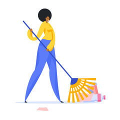 Cleaning lady sweeping garbage in park illustration. Female character in yellow sweater and blue pants cleaning up plastic debris with broom. Purity nature and cities pledge ecology vector cartoon.