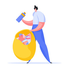 Volunteer throws trash into bag illustration. Male character blue pants and white shirt is putting plastic bottle in yellow bag. Active cleaning and sorting waste for recycling vector flat.
