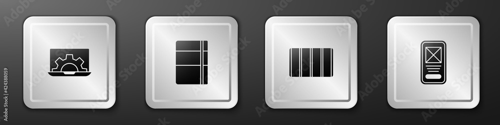 Poster set web development, sketchbook or album, color palette guide and ui ux design icon. silver square b