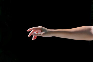 The girl's hands show various gestures on black background