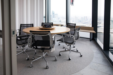 Modern flexible office work space interior fitout meeting room desks chairs floor cieiling window...