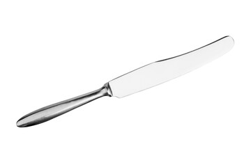 Steel table knife white background isolated closeup, silver metal knife, cutlery, sharp stainless blade, cutting food knife, kitchen utensil, breakfast, lunch, dinner, supper tableware, butter knife