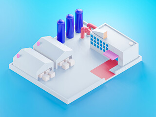 Perspective view on Storage warehouse isolated on blue background, industry concept - 3D render