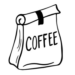 Paper bag full of coffee, linear illustration of craft coffee packaging. Coffee paper bag, sack line icon. Trendy flat outline ink style, good as icon, logo for coffee shop, hand drawn artwork.