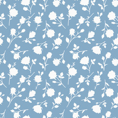 Seamless pattern with abstract garden rose, stem, bud and leaf silhouette. Gray background with blossoming flower. Vintage floral hand drawn wallpaper. Vector stock illustration.