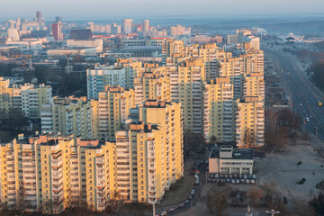 Minsk roofs of houses at sunset
