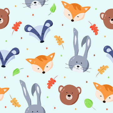 Seamless pattern of painted heads of forest animals, fox hare bear badger. Background wallpaper for printing. Children cartoon characters.