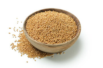 Wooden bowl with mustard seeds isolated on white background