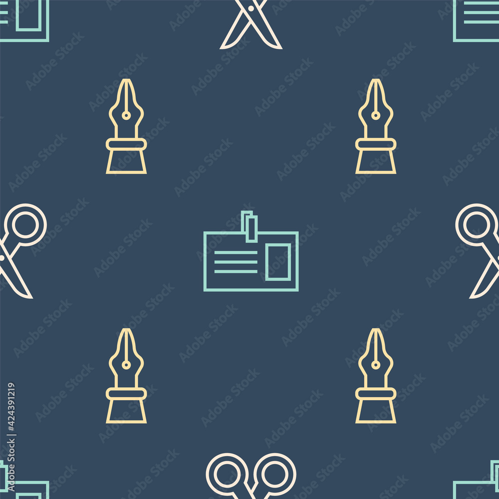 Poster set line scissors, fountain pen nib and identification badge on seamless pattern. vector