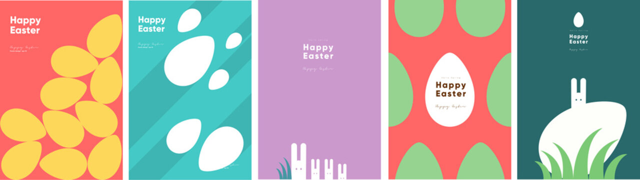 Happy Easter. Patterns. Modern geometric abstract style. A set of vector Easter illustrations. Easter eggs, rabbit. Perfect for a poster, cover, or postcard.