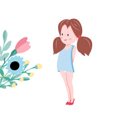 Girl stands confusedly and looks at a bouquet of flowers. Cute little girl character isolated on white background. Vector illustration in cartoon style