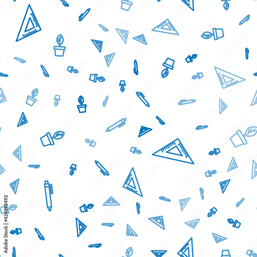 Aufkleber set line pen, triangular ruler and plant in pot on seamless pattern. vector