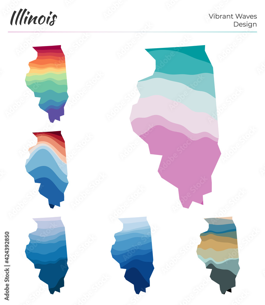Aufkleber set of vector maps of illinois. vibrant waves design. bright map of us state in geometric smooth cur