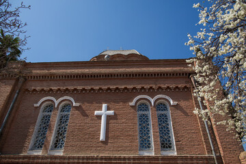 Naklejka premium Orthodox church brick wall with cross