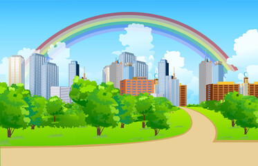 A beautiful rainbow that appears on the sky in the park city. Vector illustration