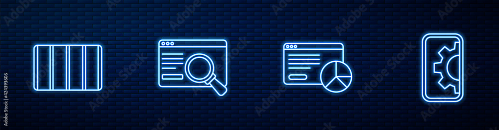Aufkleber set line website statistic, color palette guide, ui ux design and development. glowing neon icon on 