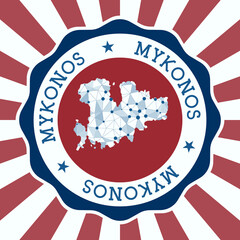 Mykonos Badge. Round logo of island with triangular mesh map and radial rays. EPS10 Vector.
