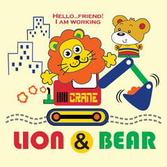 Fototapeta premium lions bears riding heavy equipment cartoon 
