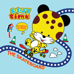 leopard playing skateboard outside house cartoon 