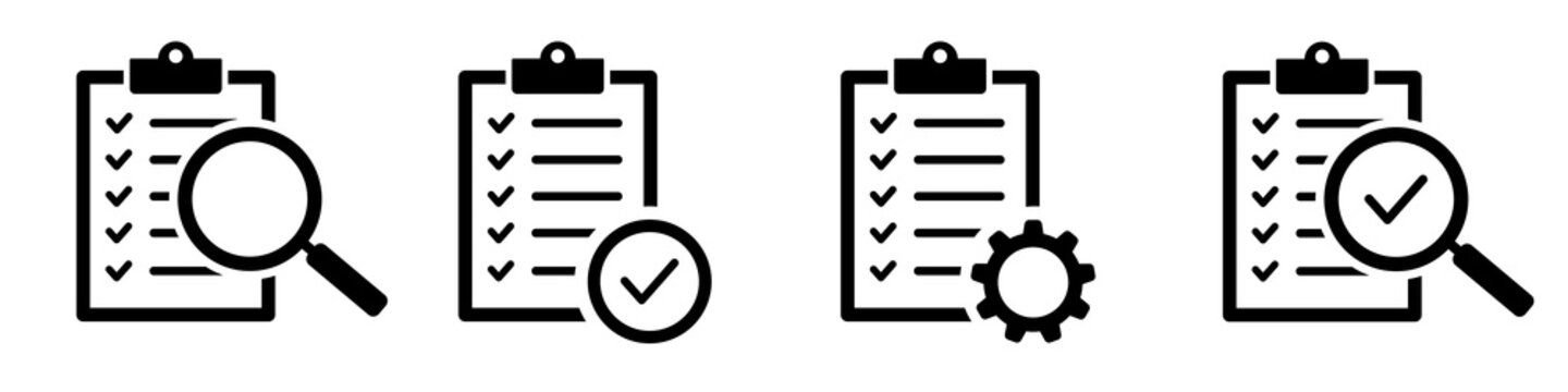 Set of checklists with gear, checkmarks, magnifier. Different inspection icons. Checklist icons. Vector illustration.