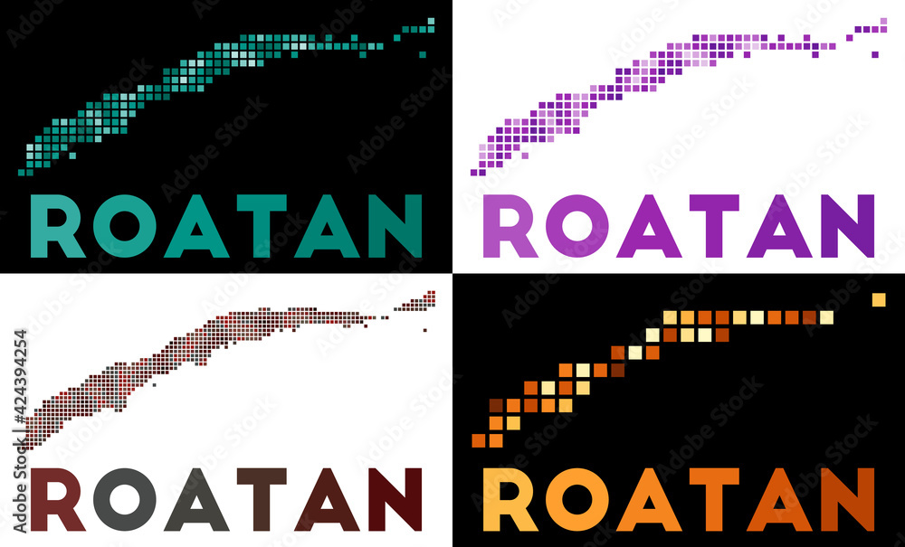 Poster roatan map. collection of maps of roatan in dotted style. borders of the island filled with rectangl