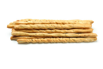 Tasty grissini breadsticks isolated on white background