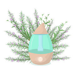 vector illustration of a humidifier diffuser with rosemary sprigs on the background. The concept of aromatherapy and healthy lifestyle