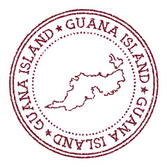 Guana Island round rubber stamp with island map. Vintage red passport stamp with circular text and stars, vector illustration.