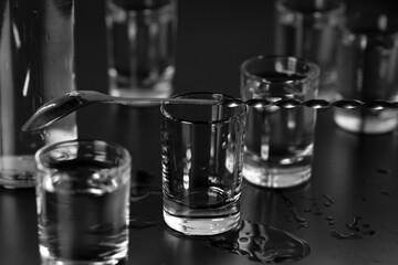 Vodka, rum, tequila, gin are poured into glasses at the bar.