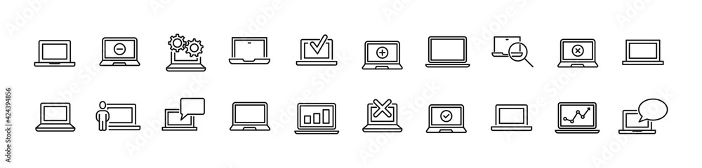 Poster linear icon set of computer