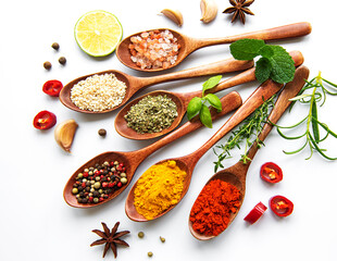 Various spices isolated on white background, top view