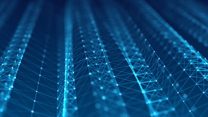 Abstract blue futuristic background. Big data visualization. Digital dynamic wave of particles. 3D rendering.