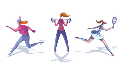 Young Female Ice Skating, Playing Badminton and Lifting Barbell Vector Set