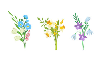 Obraz na płótnie Canvas Bunch of Spring Flowers with Fragrant Blossom on Green Stem Vector Set