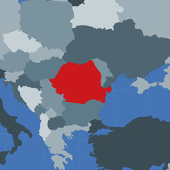 Shape of the Romania in context of neighbour countries. Country highlighted with red color on world map. Romania map template. Vector illustration.