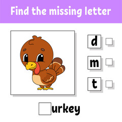 Find the missing letter. Education developing worksheet for kids. Activity page. Cartoon character.